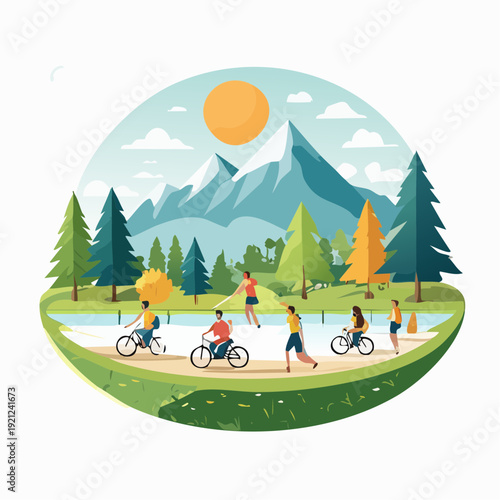 Vibrant illustration of people enjoying outdoor activities in a picturesque natural landscape