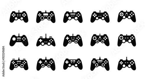 Collection of black game controllers displayed in a repeating pattern silhouette