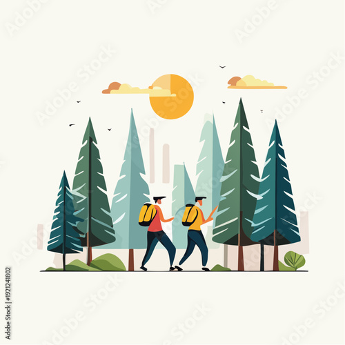 Two hikers trekking through a serene forest during a bright sunny day