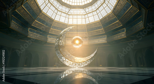 A beautifully decorated hall with numerous crescent moons and lanterns suspended from the ceiling, bathed in ethereal light beams