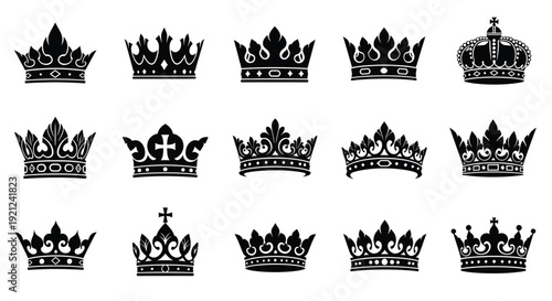 Collection of ornate crown designs in a striking black silhouette