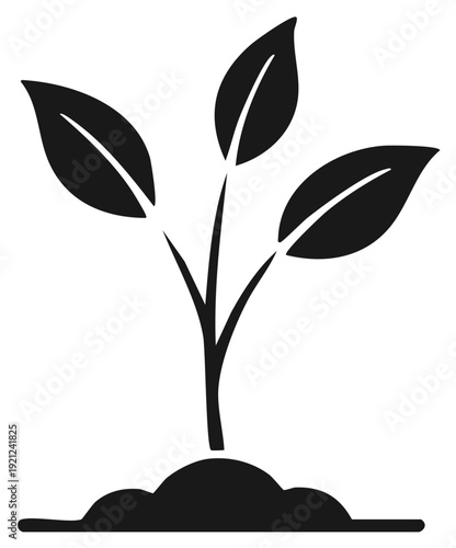 Simple black silhouette of a seedling growing from the soil representing growth and new beginnings