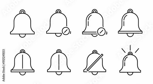 Set of simple bell icons in various states, including ringing and silent modes, depicted in a minimalist line art style on a clean background from a straightforward viewpoint