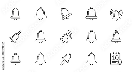 Collection of simple black line icons representing bells and notification symbols on a clean white background viewed directly from above