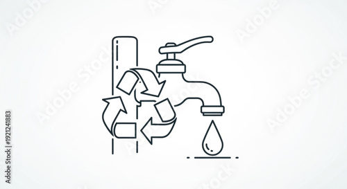 Water faucet with recycling symbol and single drop representing conservation and eco friendly practices in daily life