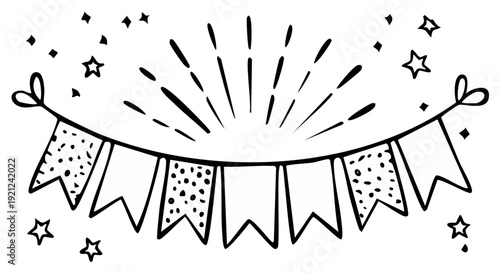 Hand-drawn party banner with flags and stars for celebration invitation