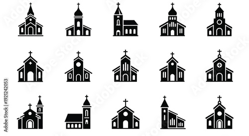 Collection of various church building icons in black silhouette