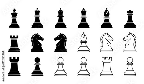 Black and White Chess Icon Set Solid and Outline King Queen Bishop Knight Rook Pawn Vector Collection Transparent Background