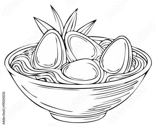 Sketch of ramen bowl with eggs and herbs ready to be filled for coloring book.