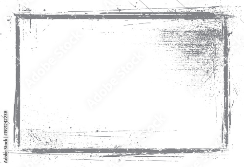 Grey distressed rectangular frame with splatters and scratches on white background border grunge scratched