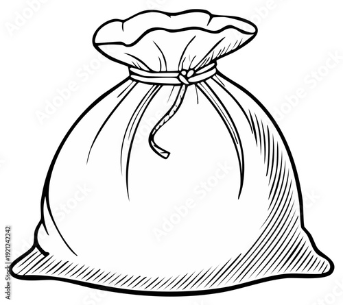 Hand drawn black and white illustration of a full fabric drawstring bag with a tied knot