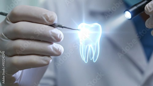 Dentist Examining Holographic Tooth Model with Advanced Technology.
