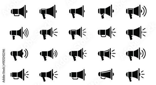 Collection of black megaphone icons depicting sound waves silhouette