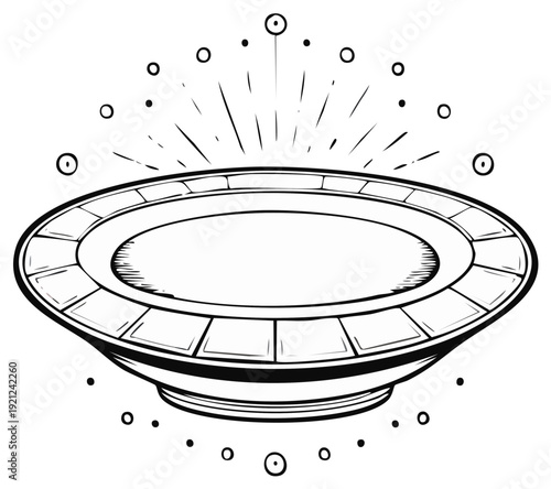 Stylized UFO saucer with emanating light rays and orbiting dots, vector line art.