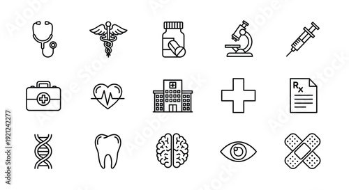 Medical icons depicting healthcare tools and biology black silhouette