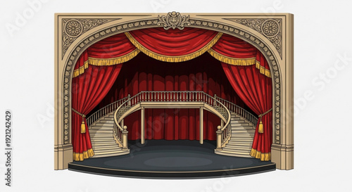 Theater stage with red curtains ornate archway and stairs on a white background perfect for performance and entertainment concepts