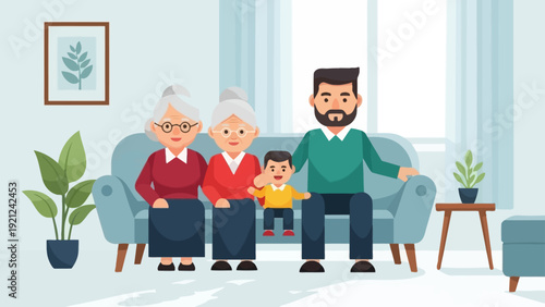 multi-generational family relaxing on living room sofa grandmothers father child share happy intergenerational bonds.
