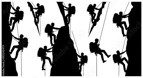 multiple black silhouettes of rock climbers scaling steep mountains illustrating extreme outdoor sport adventure and human perseverance