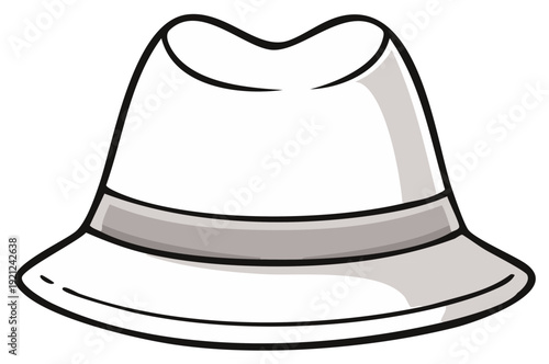 Classic White Fedora Hat with Gray Band, Simple Line Art Illustration