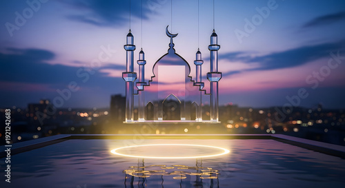 Ramadan celebration with a majestic mosque illuminated by a golden light, symbolizing faith and community