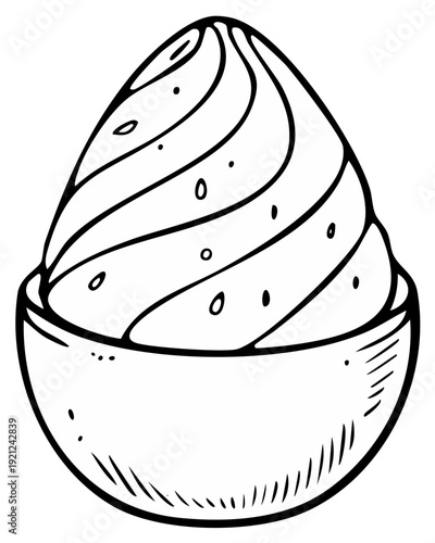 Hand drawn sketch of a swirl of soft serve ice cream in a simple bowl graphic art