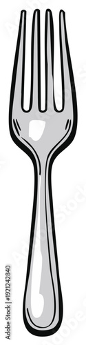 Stylized silver dining fork illustration featuring four prongs and a polished handle for mealtime