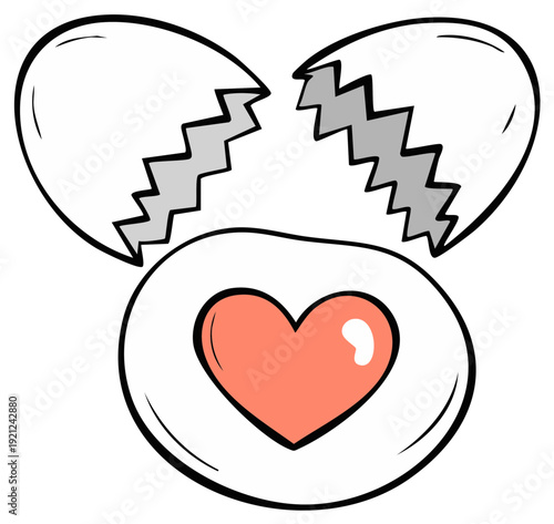 Broken eggshell reveals heart symbol, love and affection concept