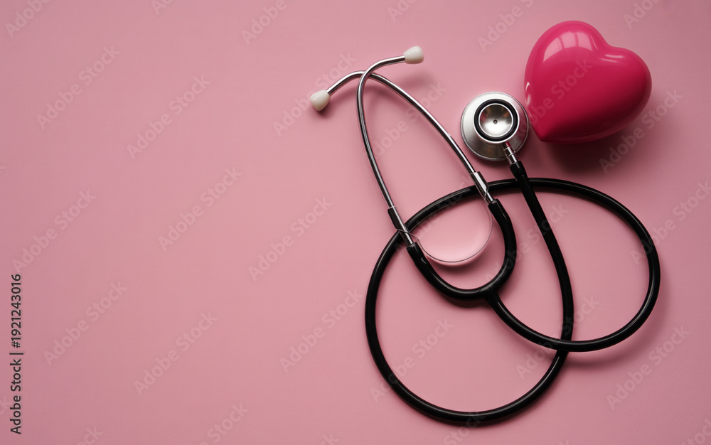 Fototapeta premium Stethoscope with red heart shape medical symbol isolated on transparent background