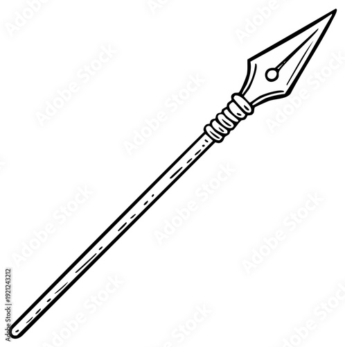 Ink drawing of a spear, a weapon of ancient times, with a detailed metal tip and wooden shaft