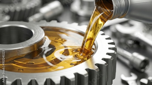 Golden oil pouring onto metal gear in industrial setting