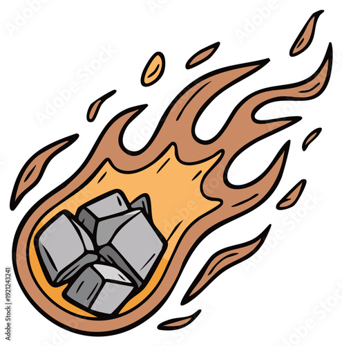 Falling meteor made of charcoal briquettes with a fiery tail cartoon illustration