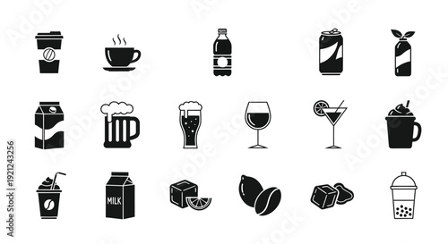 Collection of various beverage icons in a dark bold silhouette