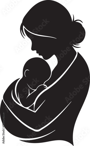 Silhouette of a mother holding her baby close to her chest in a loving embrace