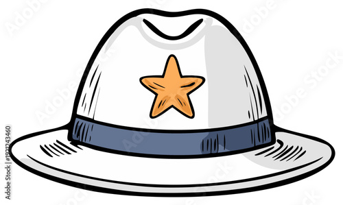 Cartoon Illustration of a White Sheriff Hat with a Star Emblem and Blue Band