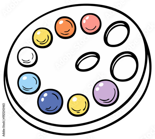 Cartoon artist's palette with vibrant color paint circles ready to create art, isolated.