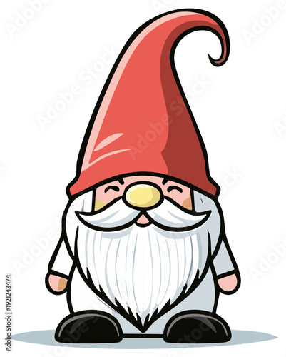 Cute Cartoon Gnome with Red Hat and White Beard Standing Happily