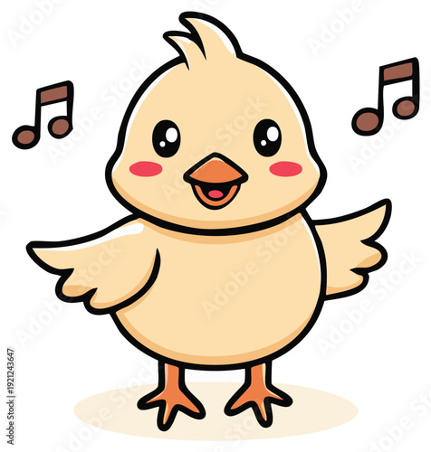 Cute cartoon chick singing joyfully with music notes floating around