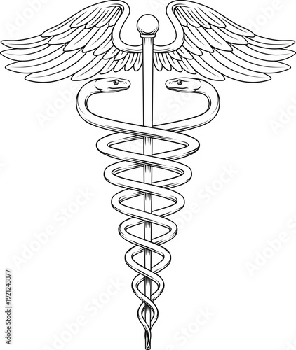 Caduceus medical symbol with twin snakes and wings. Classic healthcare emblem representing medicine, doctor, hospital and pharmacy. Black and white line illustration isolated for logo and design use.