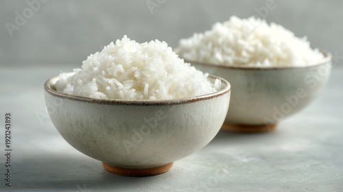 Two bowls of white rice on a gray surface in a kitchen setting