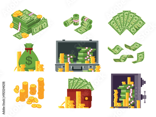 Money icons set. cash bag briefcase wallet safe with dollars and gold coins. finance business banking symbols