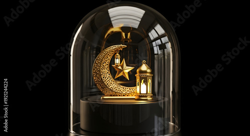 A beautifully decorated hall with numerous crescent moons and lanterns suspended from the ceiling, bathed in ethereal light beams