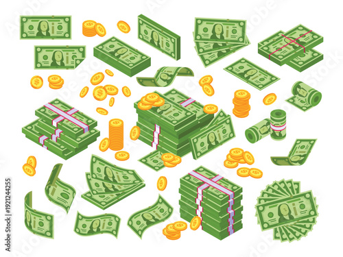 Money vector isometric set. cash coins stacks bundles of paper banknotes gold currency. business finance assets