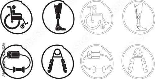 Black and white of disability aids wheelchair prosthetic