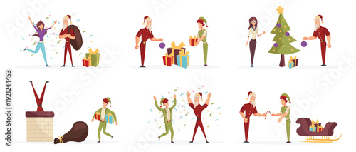 santa claus and elf characters delivering presents during christmas