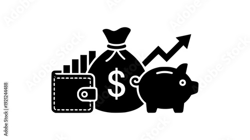 Financial Icons Silhouette Set Money Bag Piggy Bank Wallet and Growth Chart Transparent Background