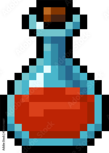 Pixel art health potion bottle inventory icon retro 8 bit style. RPG video game magic elixir red liquid in glass flask. Arcade gaming asset for UI, inventory, fantasy adventure and mobile game design