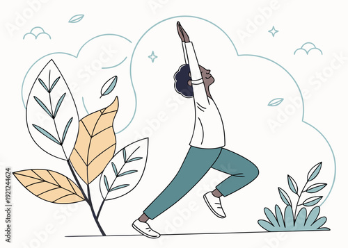 An illustrated man gracefully performs a yoga pose surrounded by decorative natural leaf elements, symbolizing health and tranquility.