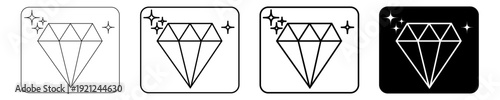 Set of black and white outline diamond icons with sparkling effect, representing luxury, premium quality, jewelry, and precious gems in a clean, modern design