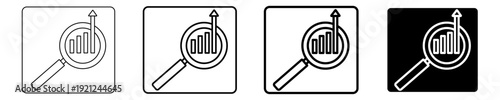 Set of clean vector icons: a magnifying glass over an upward trending bar chart, illustrating comprehensive data analysis, business growth, financial statistics, and market research.