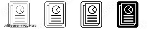 Set of document icons with pie chart and text, representing data analysis, business reports, financial statistics, and performance metrics in various outline and solid styles.